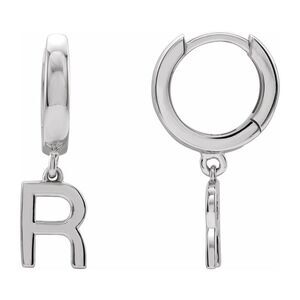 Single, 14k White Gold Initial R Dangle Hoop Earring, 6.25 x 21mm